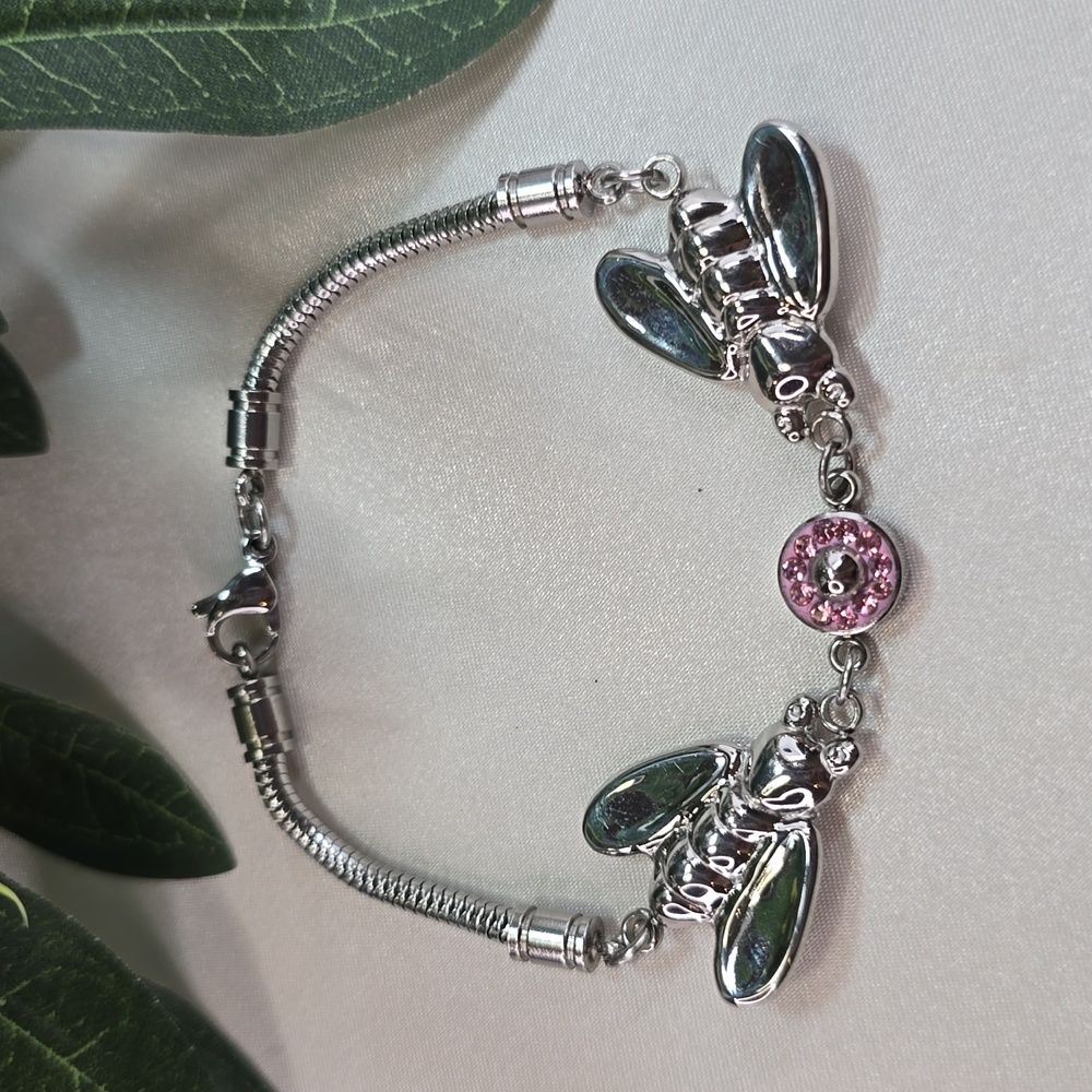 Silver Tone Bee Bracelet with Pink Rhinestone Bracelet